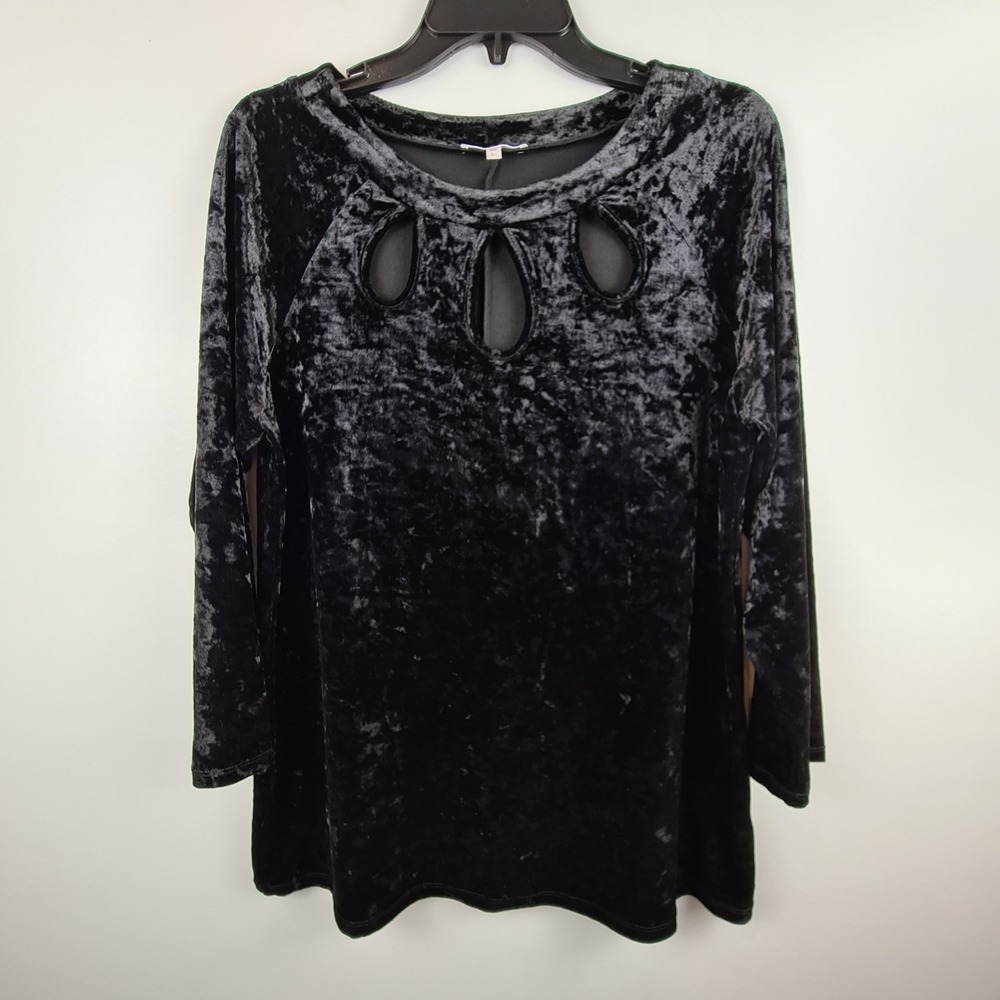 Ava James Black Crushed Velvet Keyhole Cutout 3/4 Sleeve Top Large 3-AV1232R